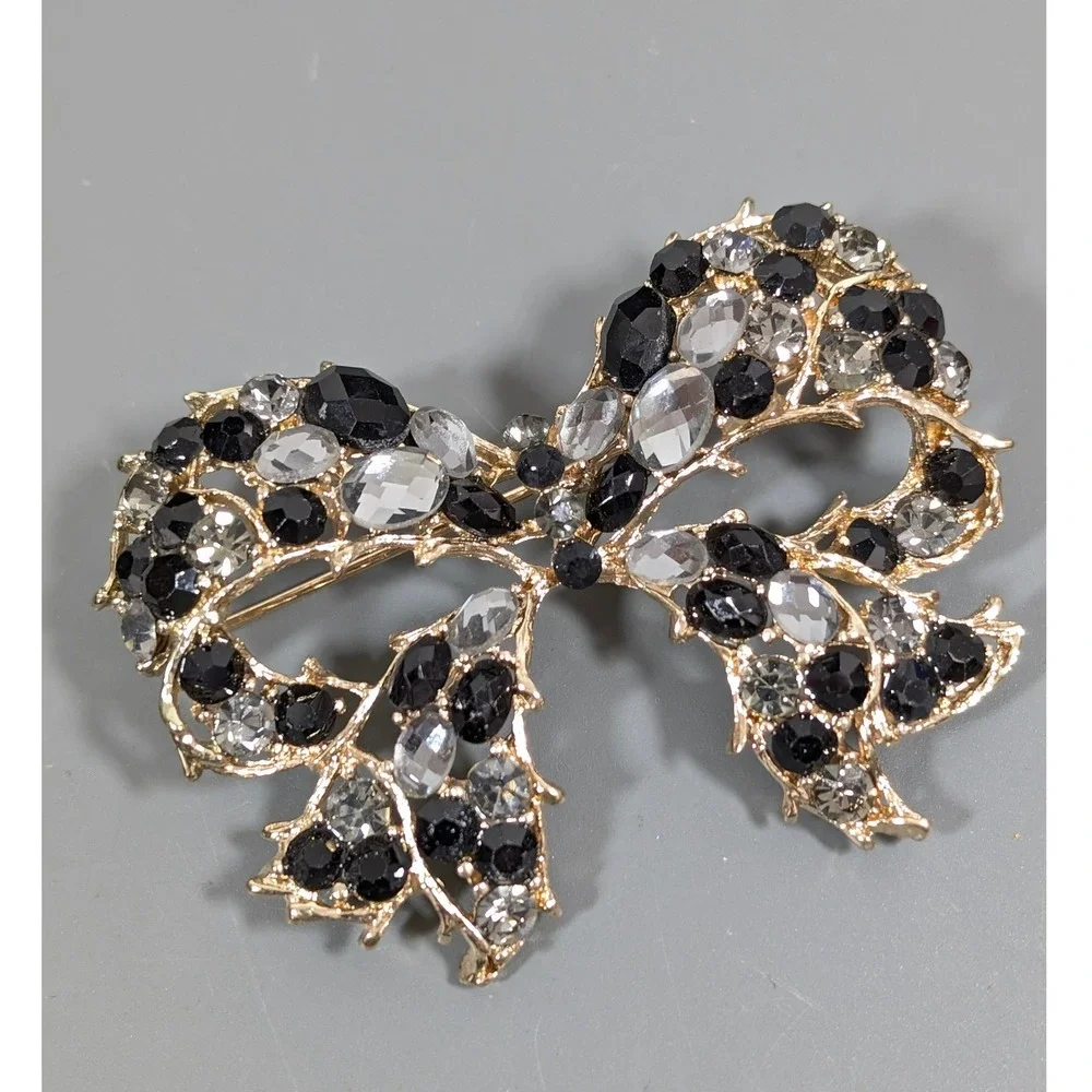 Large Gold Tone Black Gray Rhinestone Bow Brooch Statement Ribbon Pin
